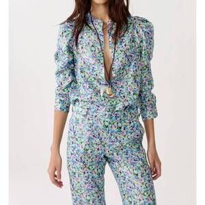 NEW LANHTROPY lillium metallic linen shirt in meadow print